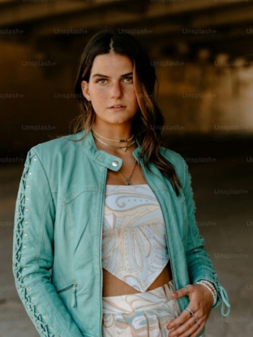 Women’s Light Blue Leather Moto Jacket with Lace-Up Sleeves